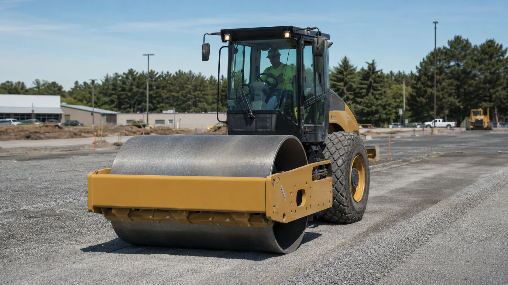 Steel drum asphalt roller compacting pavement