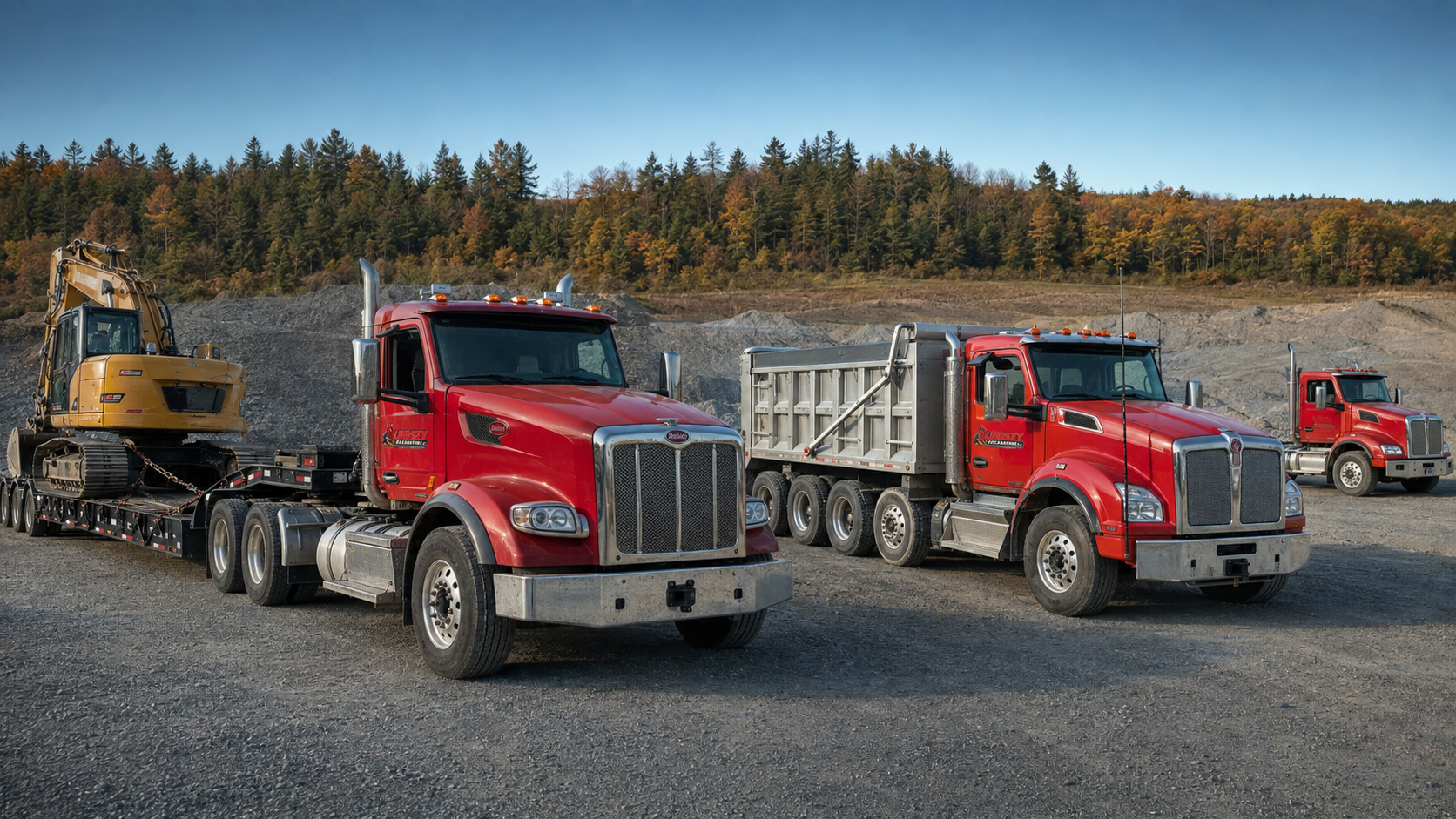 North American heavy-haul trucks and lowboy trailer moving construction equipment