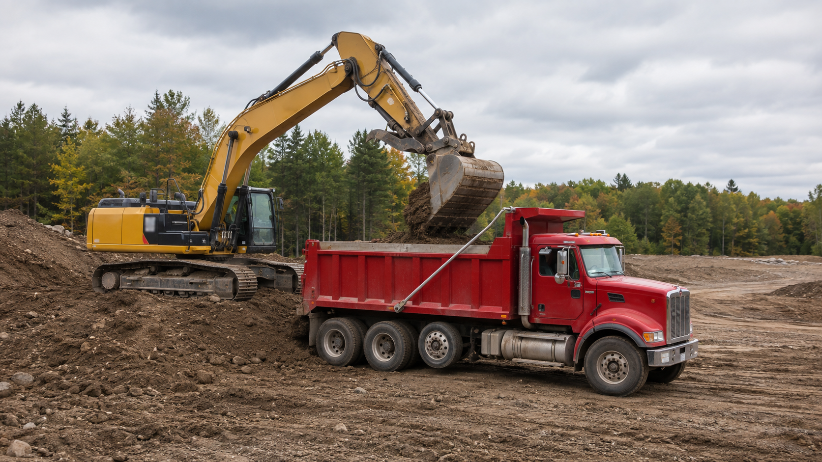 Excavator loading a conventional-cab tri-axle dump truck at a North American construction site