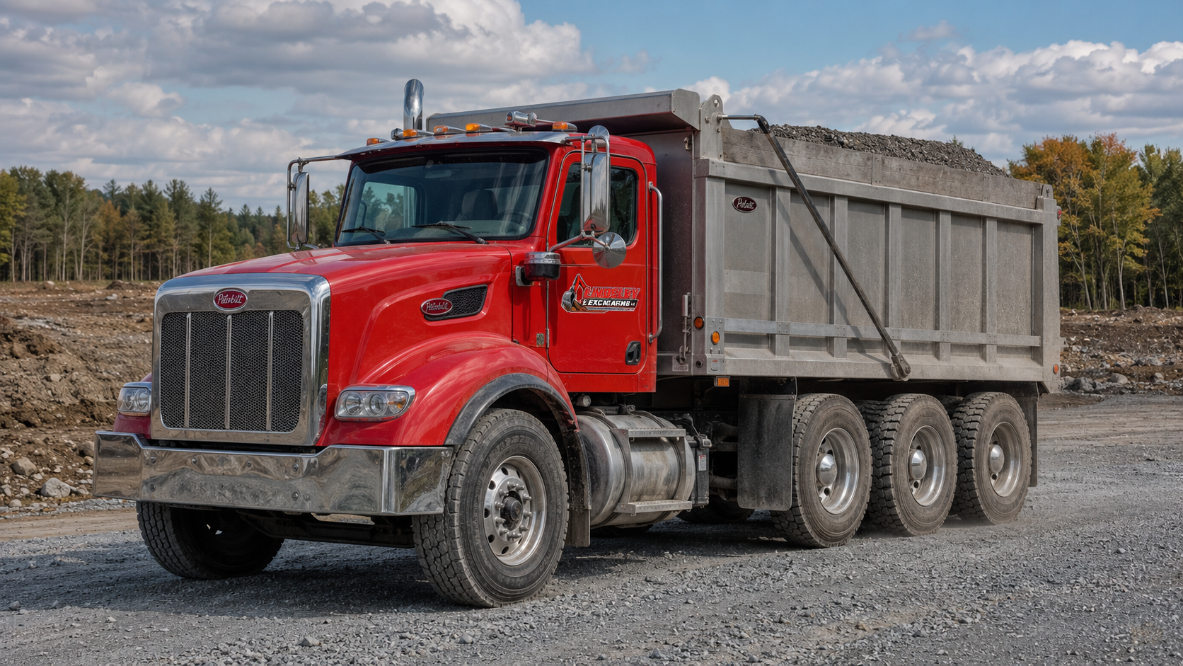 Conventional-cab tri-axle dump truck on a construction site
